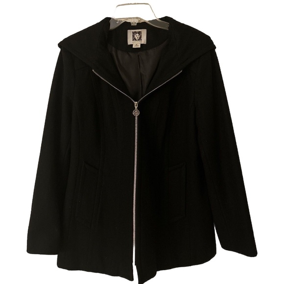 Anne Klein Black Jacket Full Front Zip Wool Blend Hooded Coat Womens Size XL - Picture 1 of 9